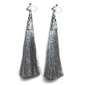 Long Silver Tassel Invisible Clip On Earrings