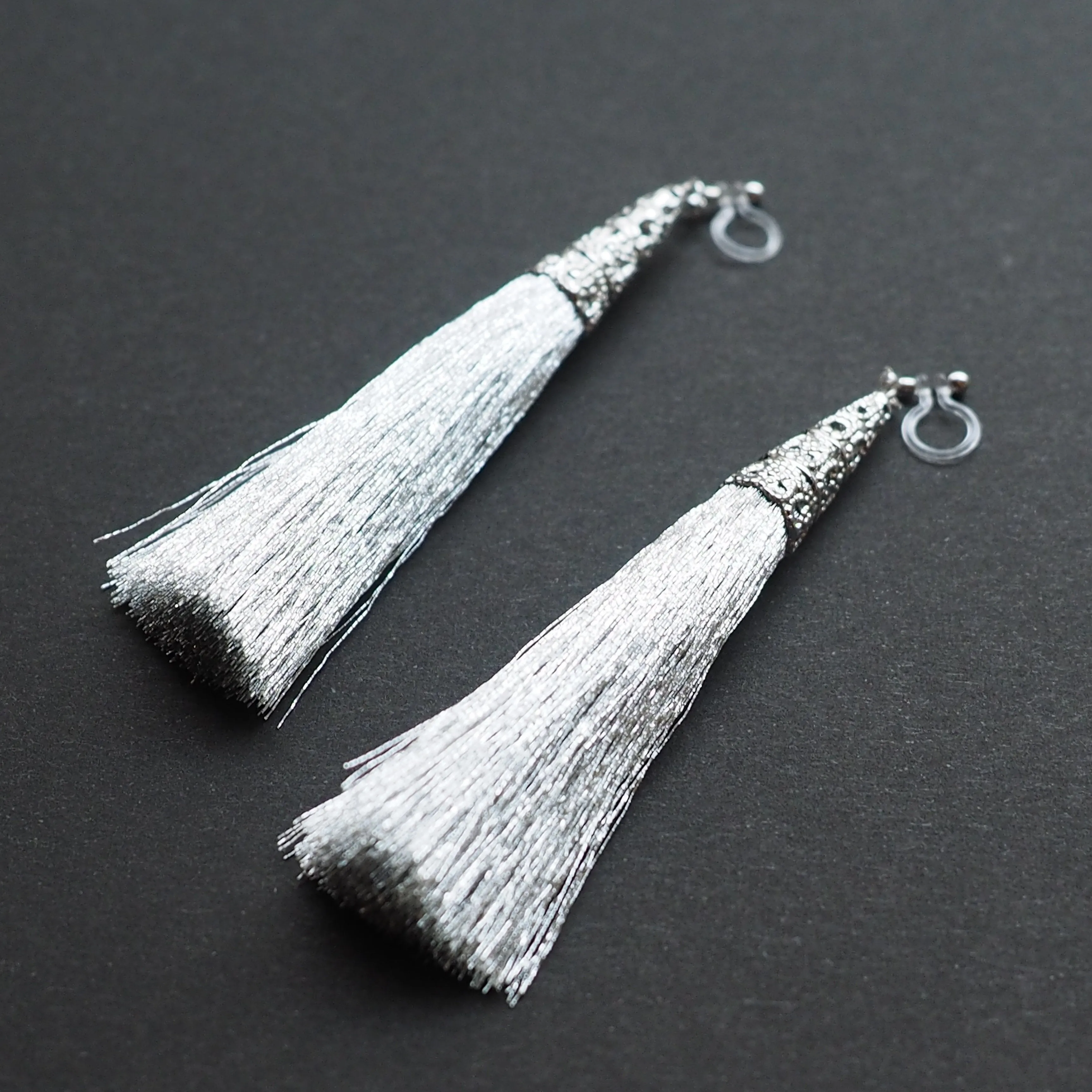 Long Silver Tassel Invisible Clip On Earrings