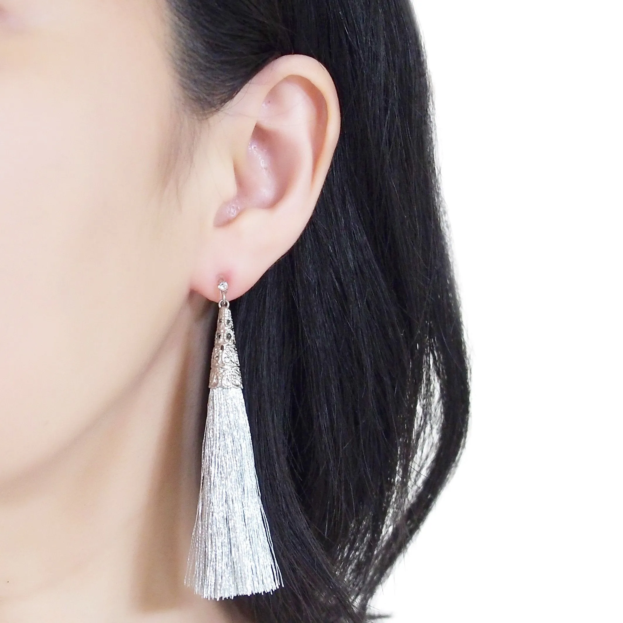Long Silver Tassel Invisible Clip On Earrings