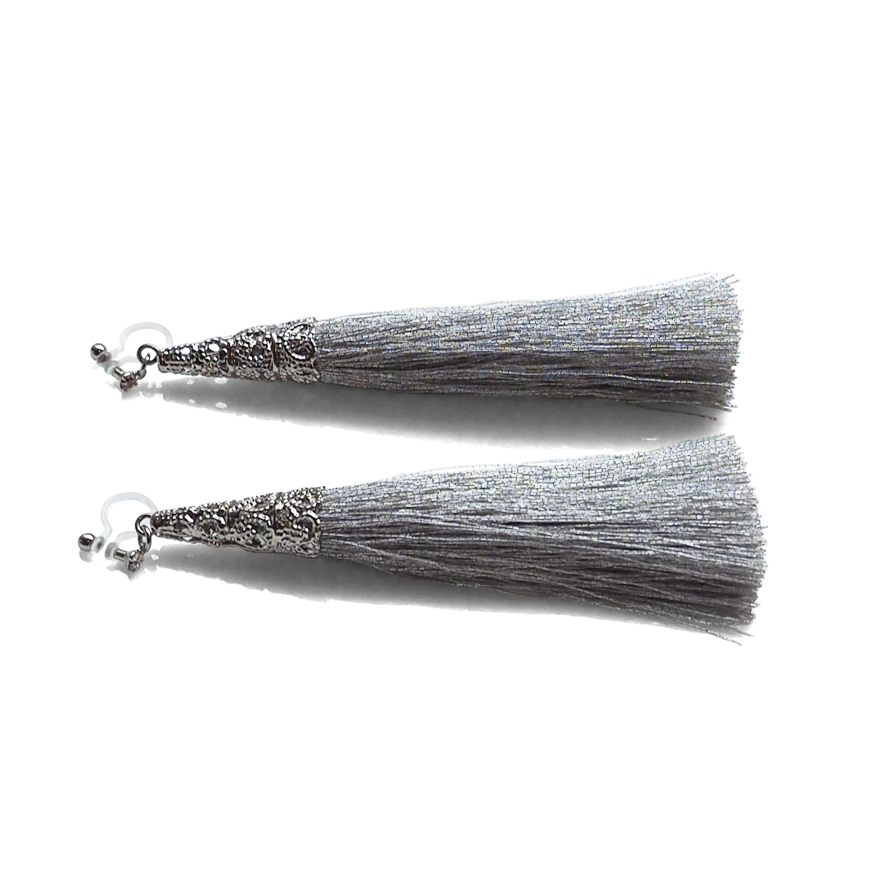 Long Silver Tassel Invisible Clip On Earrings