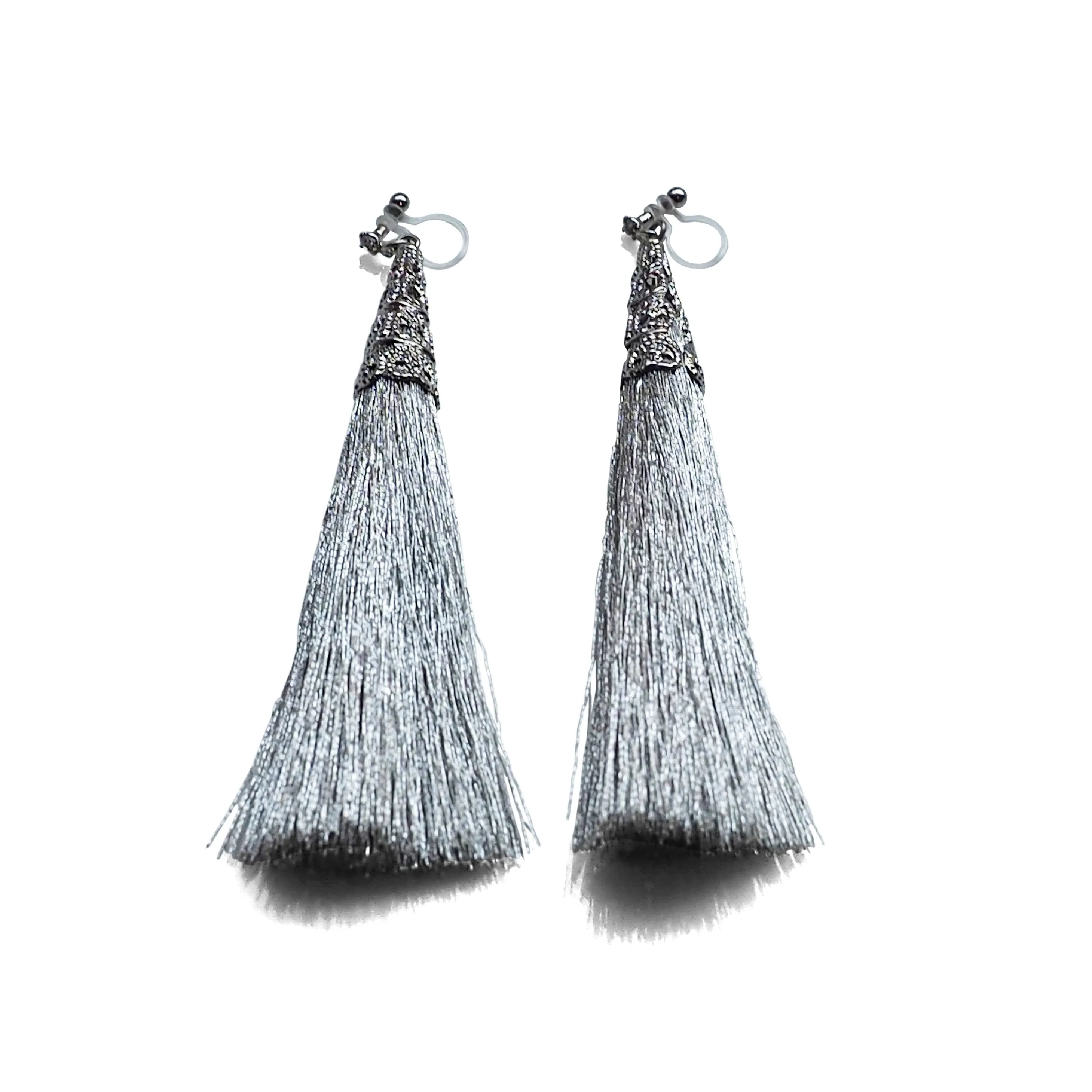 Long Silver Tassel Invisible Clip On Earrings