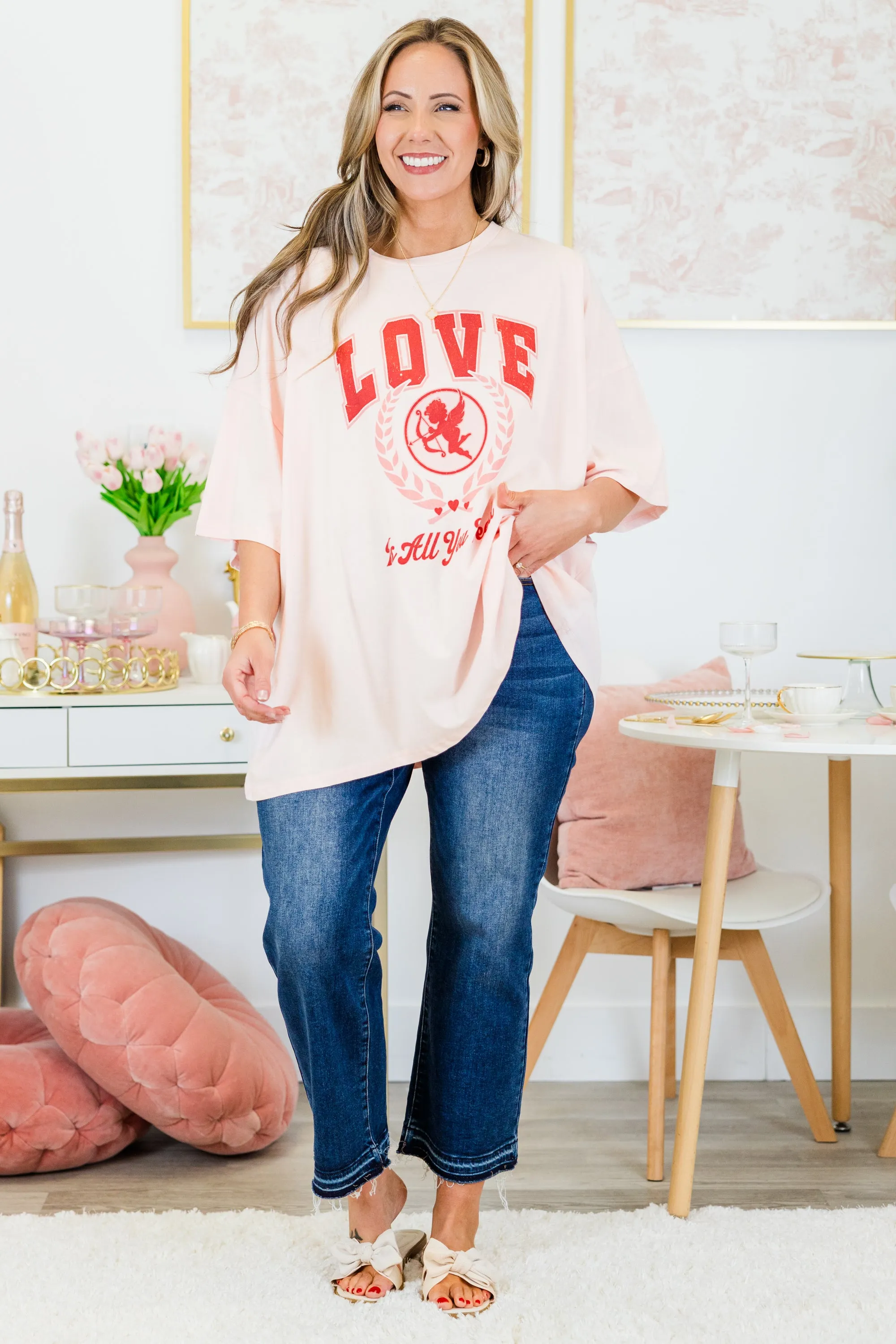 Love is All Boyfriend Tee, Cream Pink