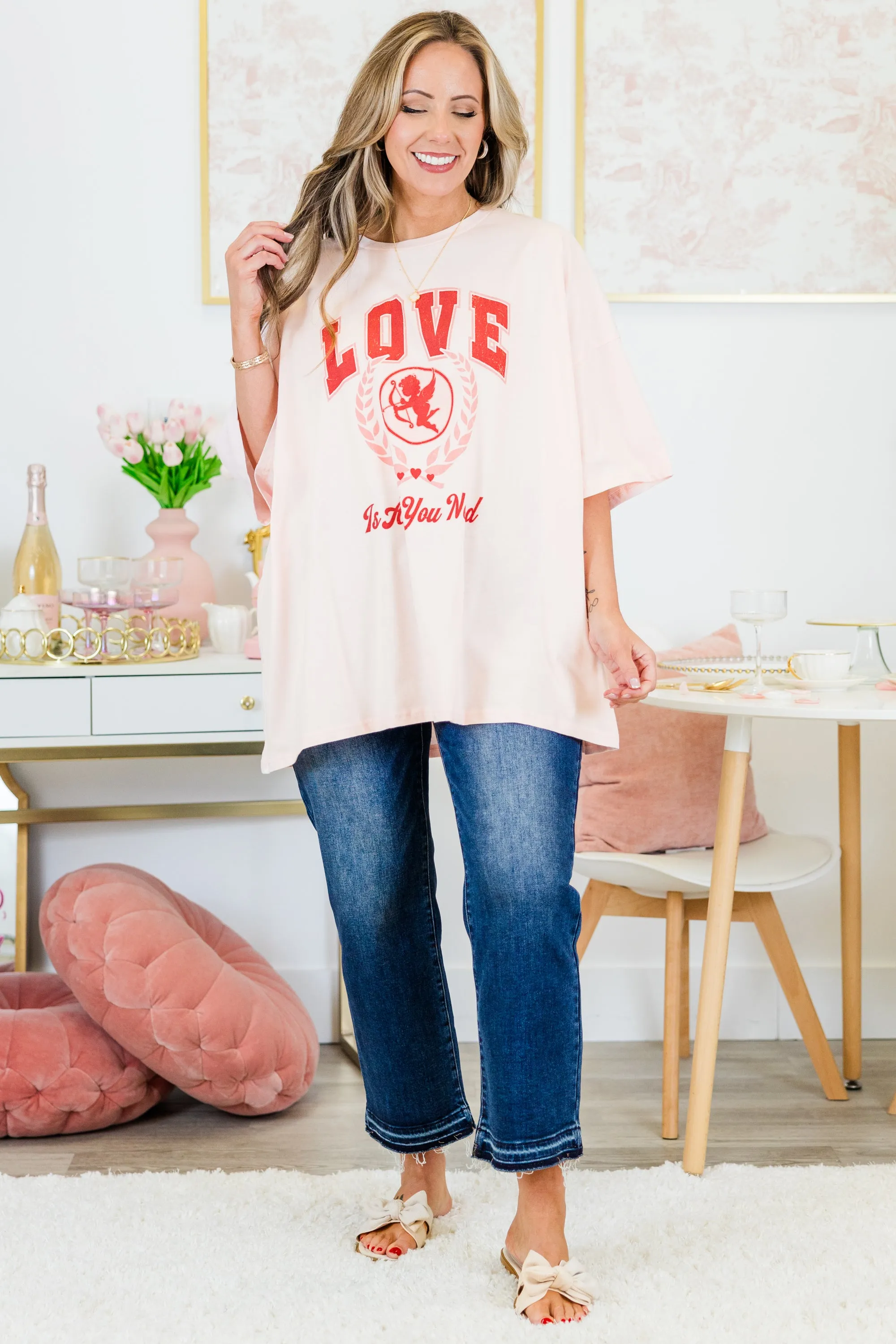 Love is All Boyfriend Tee, Cream Pink