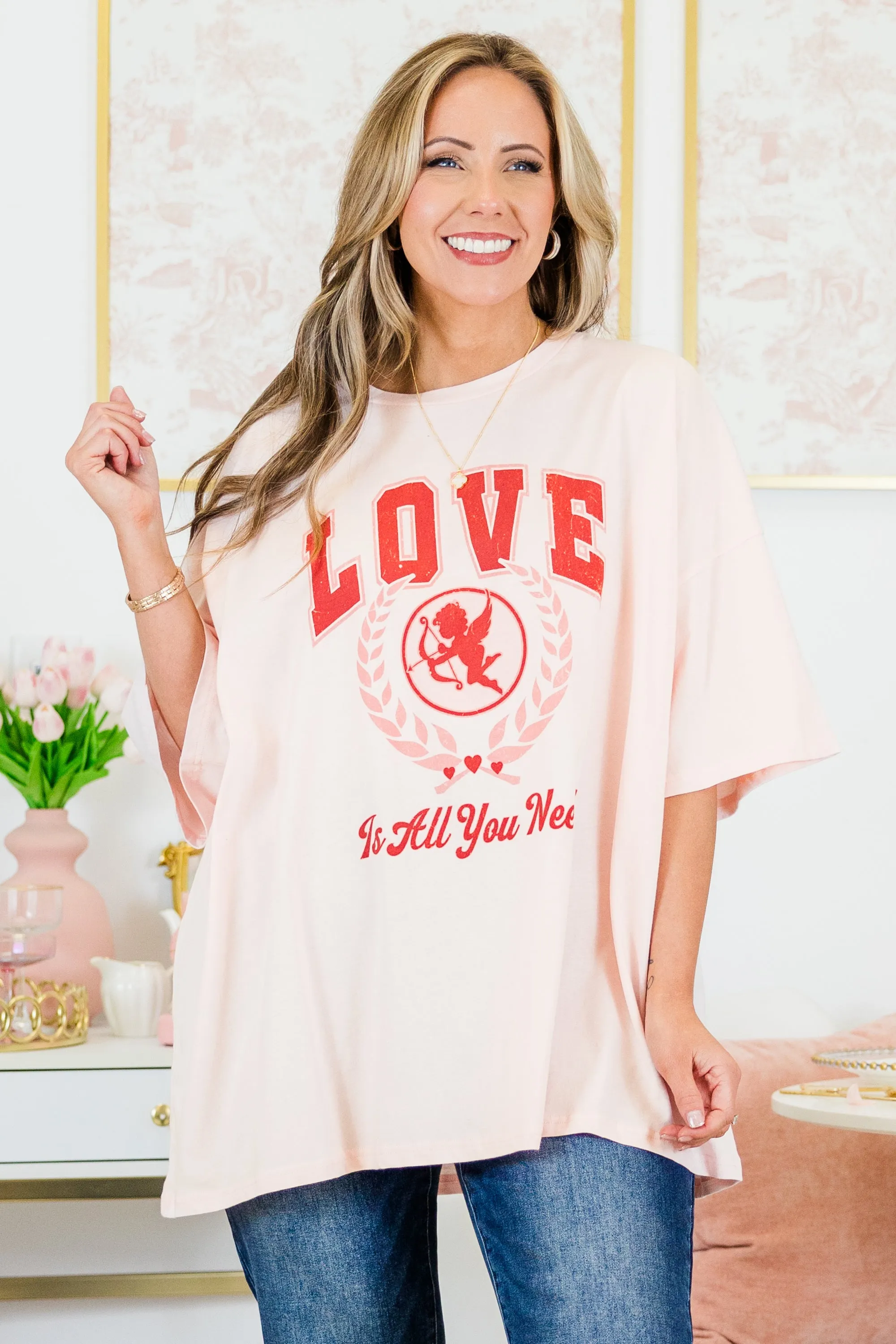 Love is All Boyfriend Tee, Cream Pink