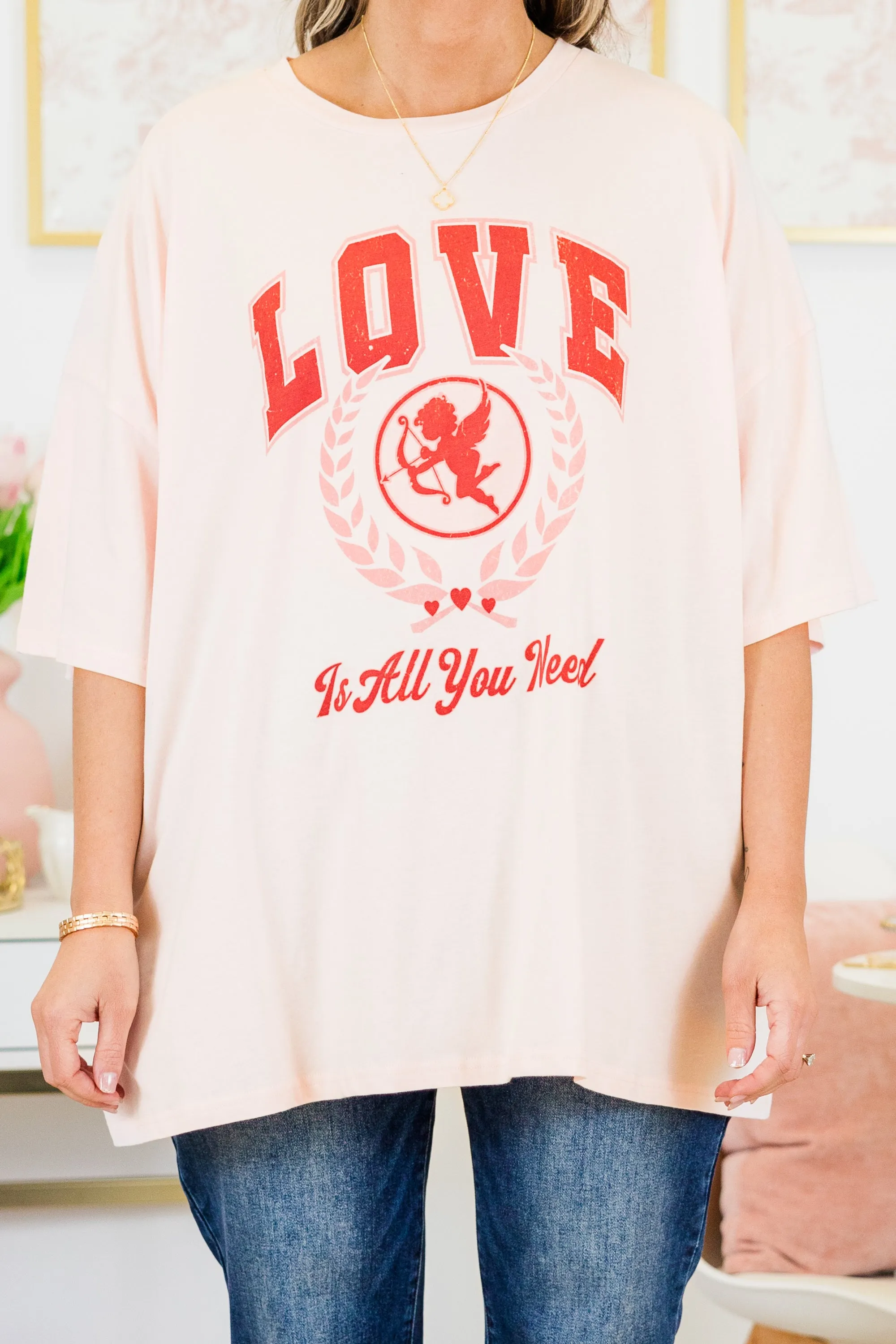 Love is All Boyfriend Tee, Cream Pink
