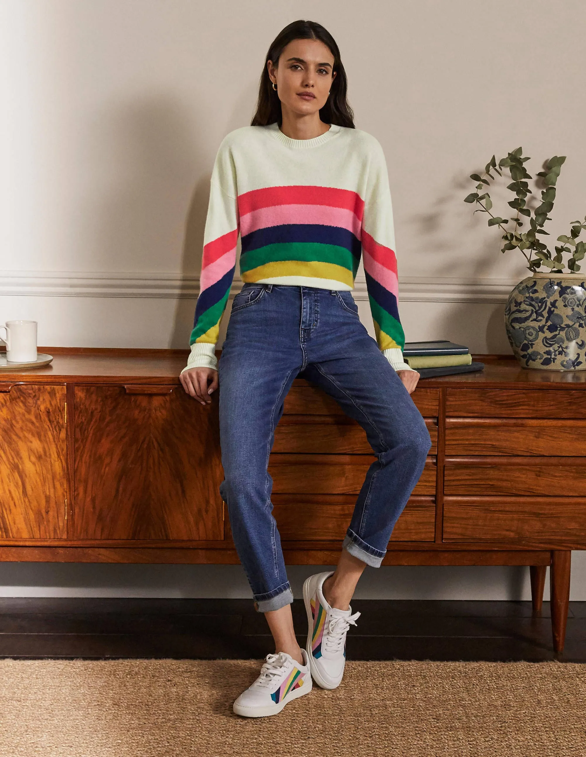 Margot Cashmere Jumper-Ivory/Rainbow Stripe