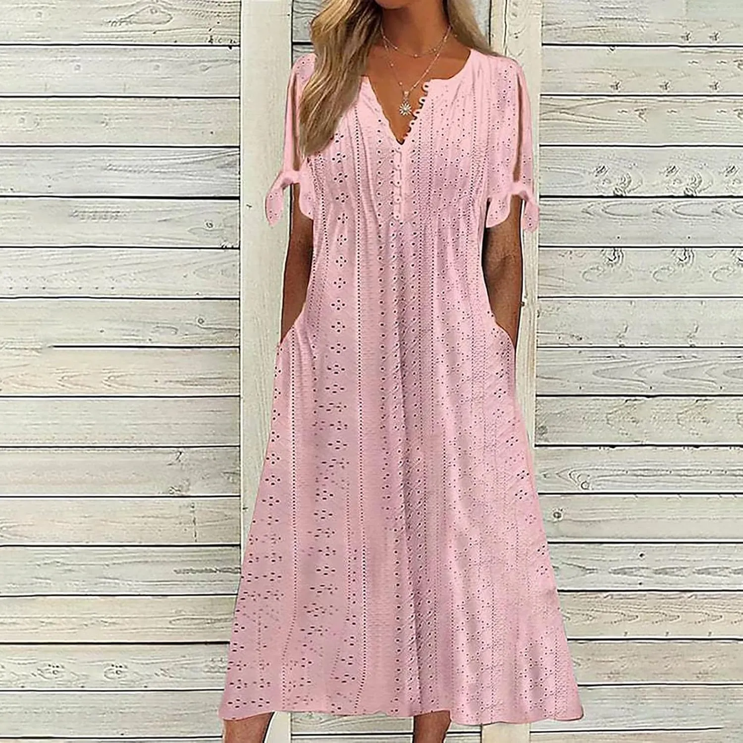 Maxi Dresses for Women 2025 Casual Short Sleeve Eyelet Dresses V Neck Loose Fit Sundress Summer Beach Vacation Dress