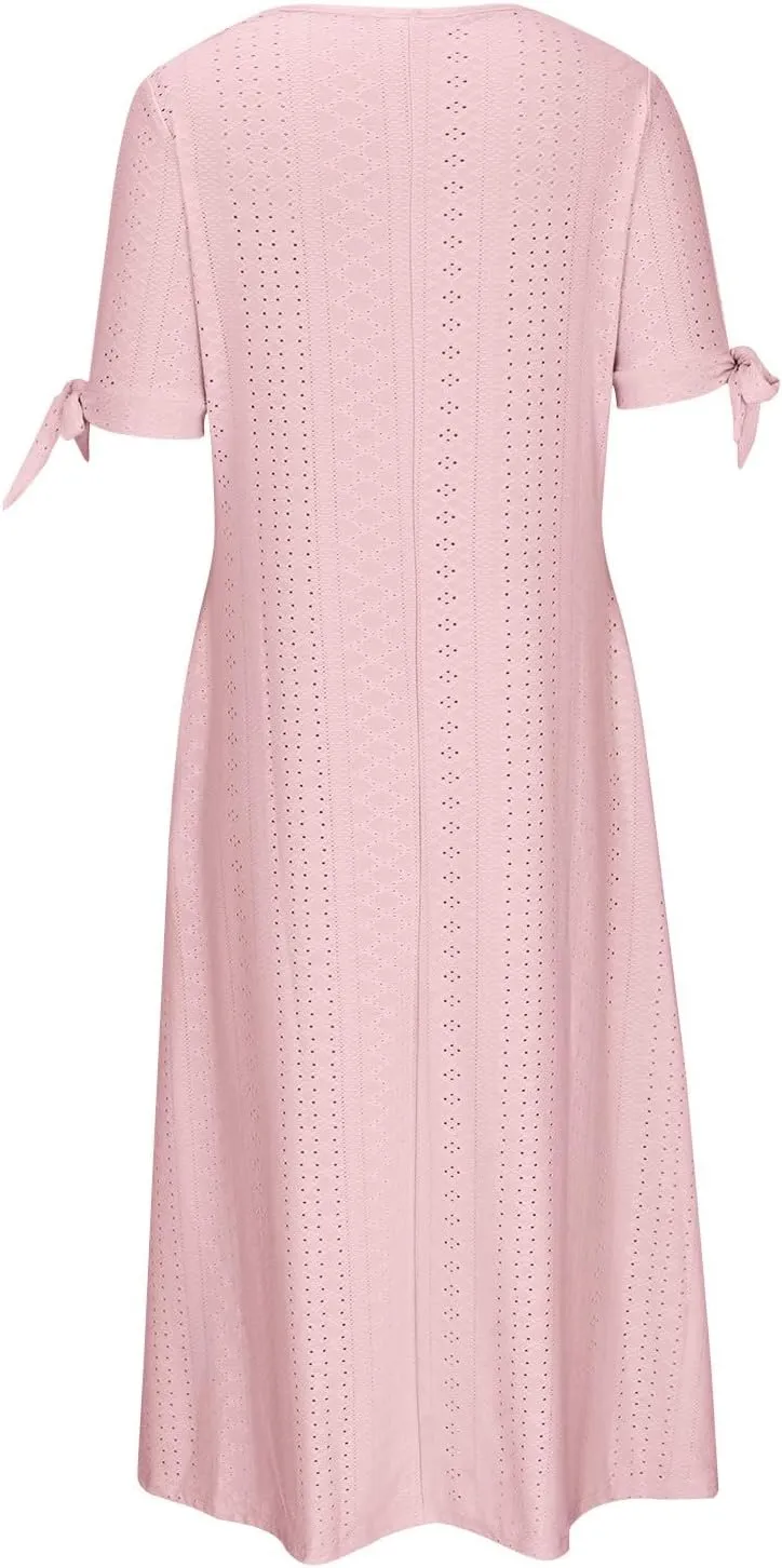 Maxi Dresses for Women 2025 Casual Short Sleeve Eyelet Dresses V Neck Loose Fit Sundress Summer Beach Vacation Dress