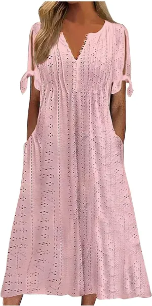 Maxi Dresses for Women 2025 Casual Short Sleeve Eyelet Dresses V Neck Loose Fit Sundress Summer Beach Vacation Dress