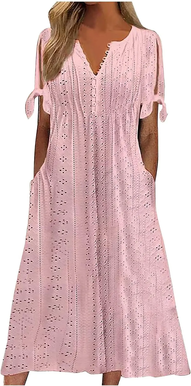 Maxi Dresses for Women 2025 Casual Short Sleeve Eyelet Dresses V Neck Loose Fit Sundress Summer Beach Vacation Dress