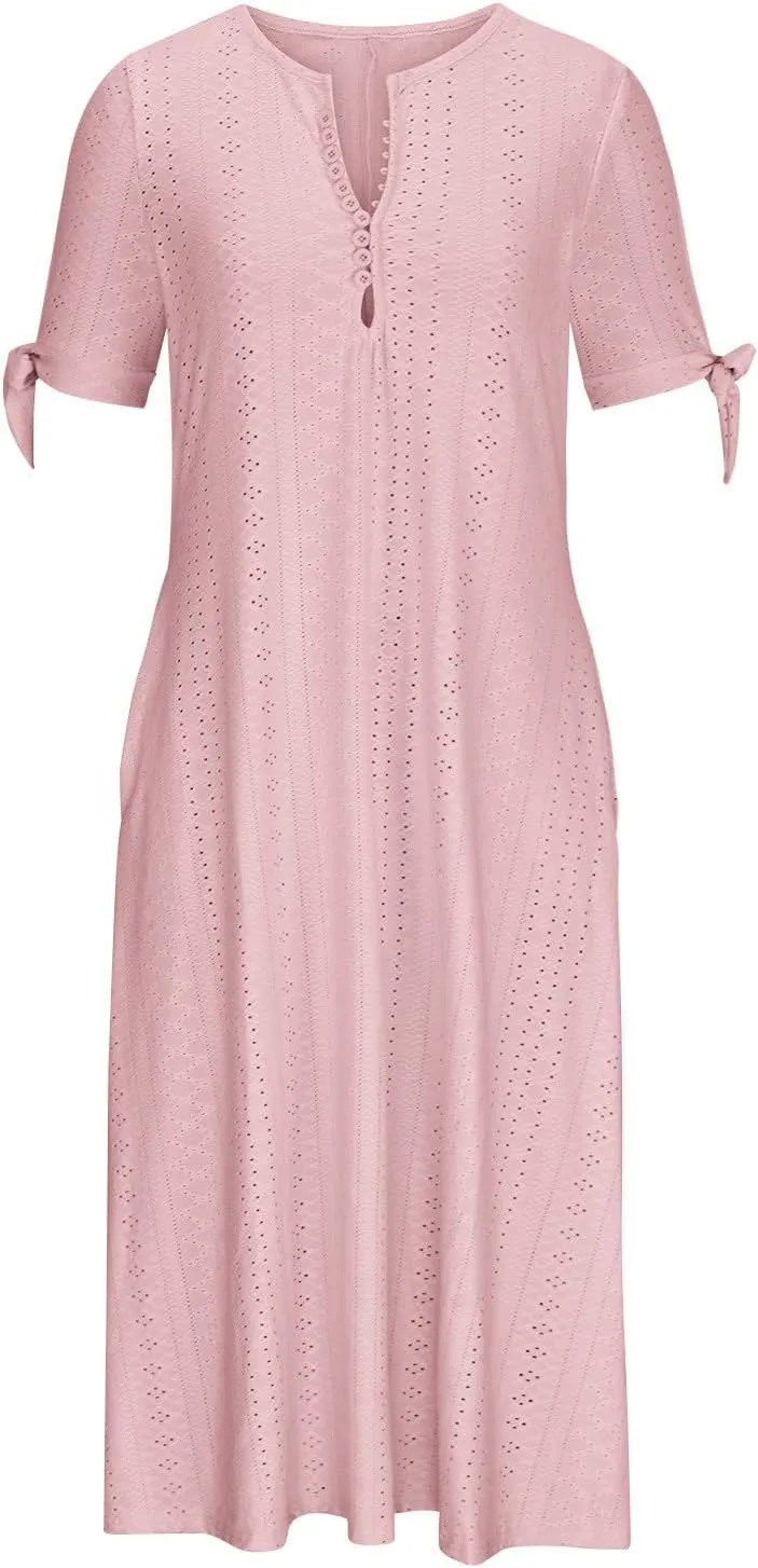 Maxi Dresses for Women 2025 Casual Short Sleeve Eyelet Dresses V Neck Loose Fit Sundress Summer Beach Vacation Dress