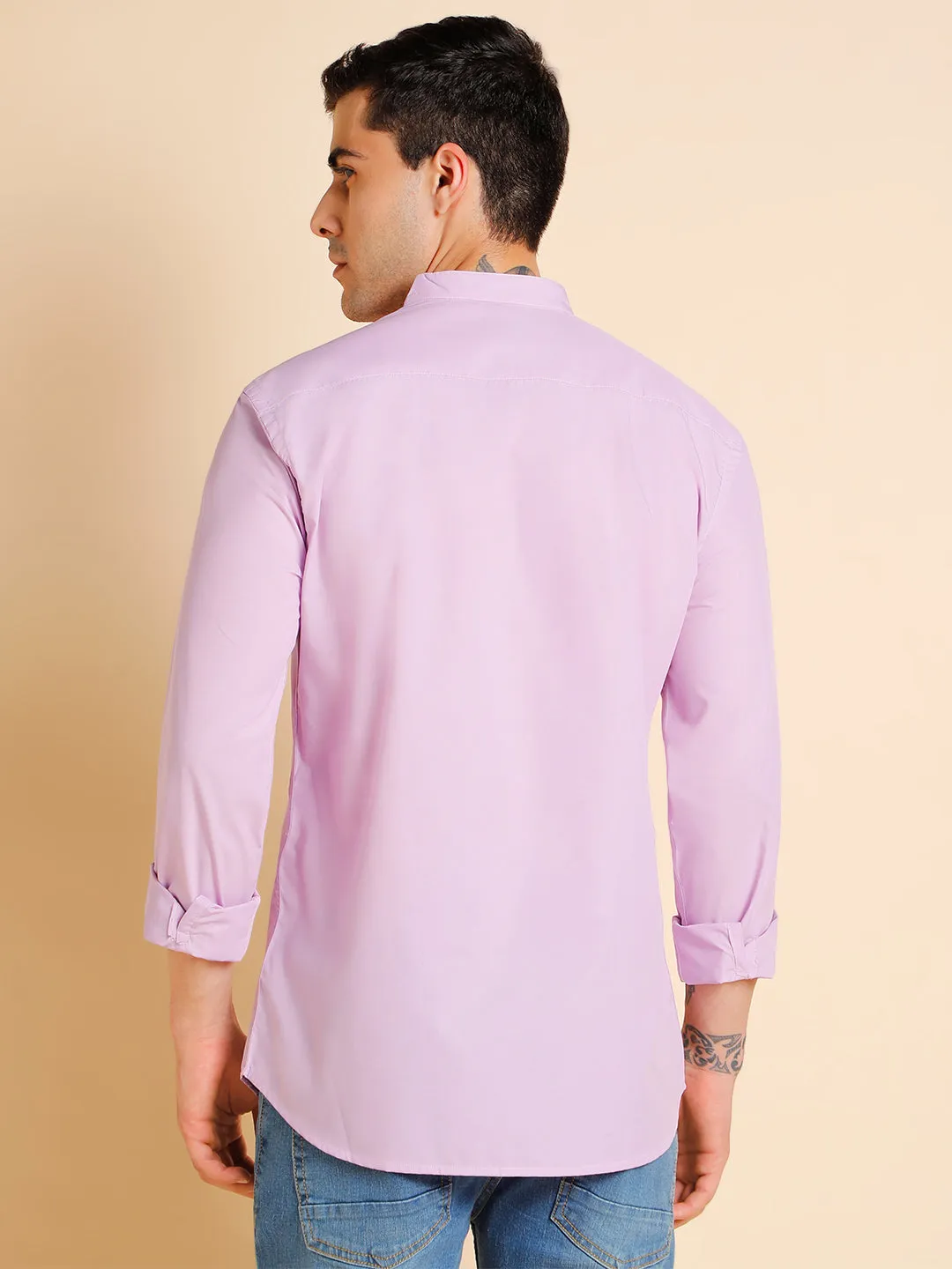 Men's Mandarin Collar Slim Fit Solid Lilac Shirts