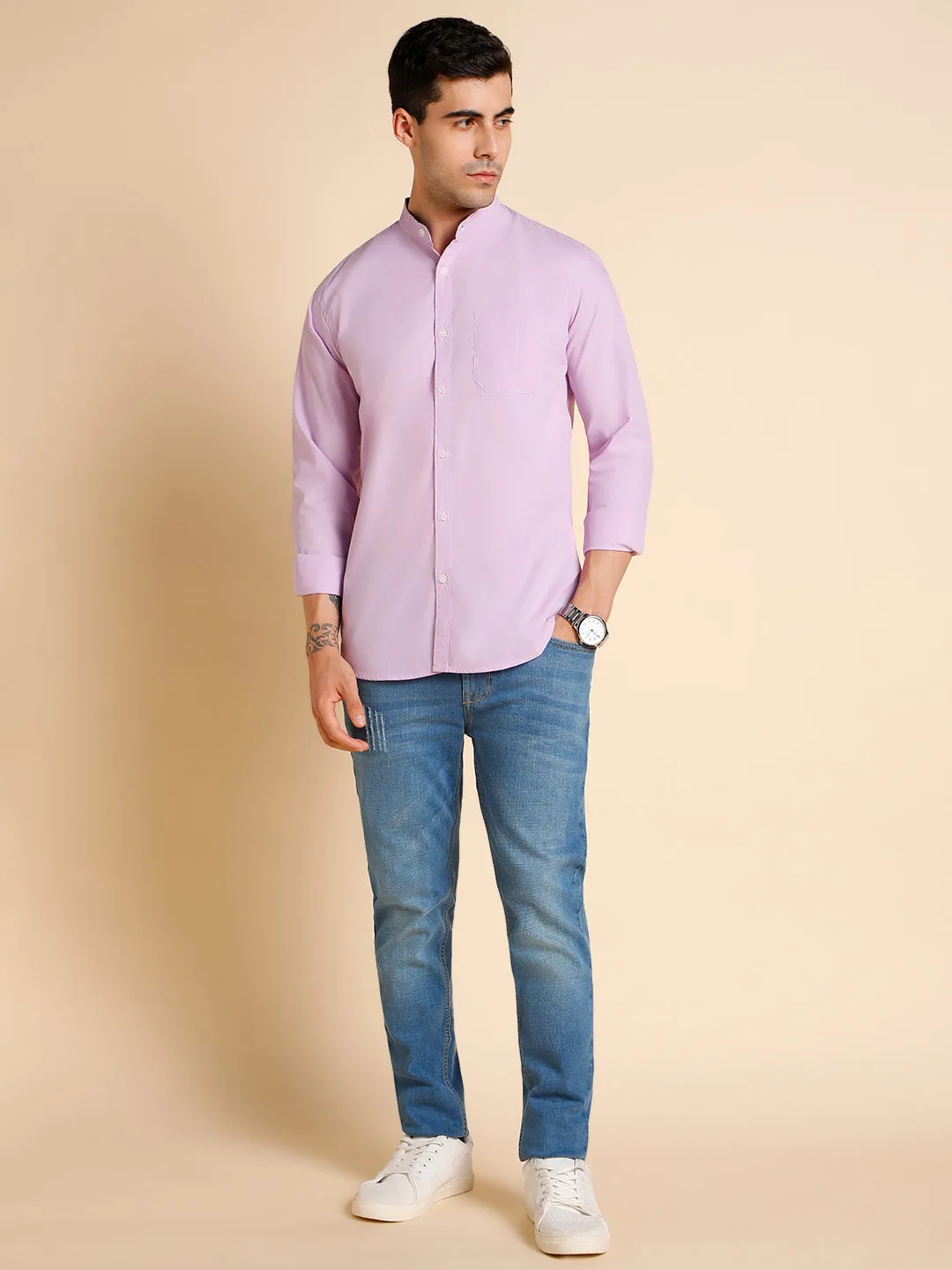 Men's Mandarin Collar Slim Fit Solid Lilac Shirts