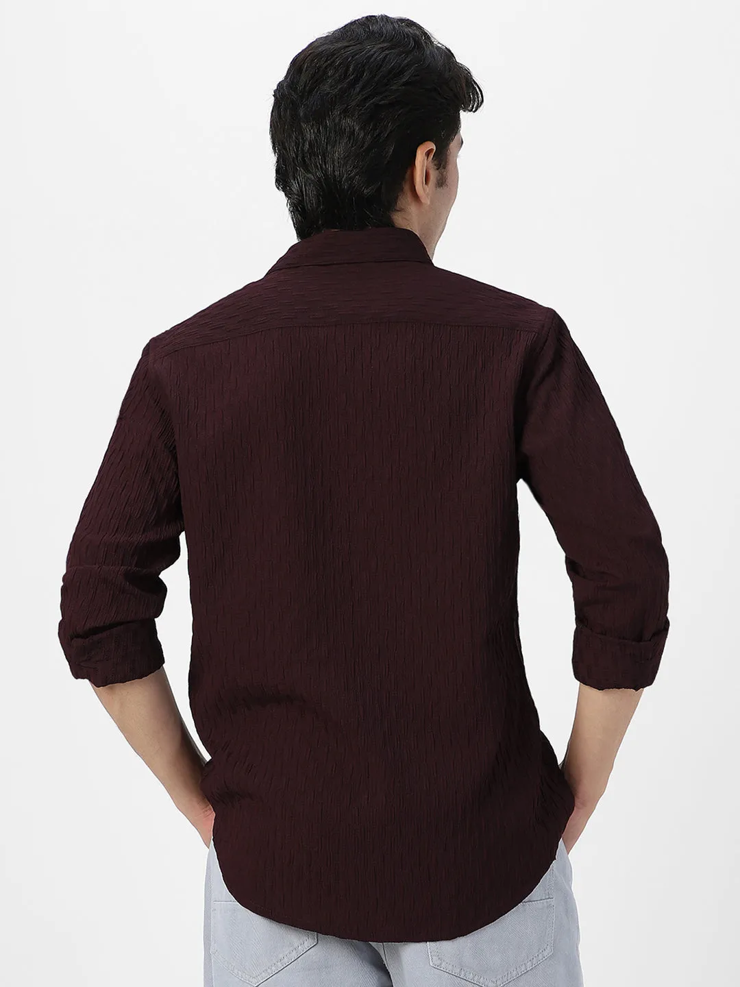 Men's Maroon Cotton Full Sleeve Regular Fit Textured Shirt with Spread Collar