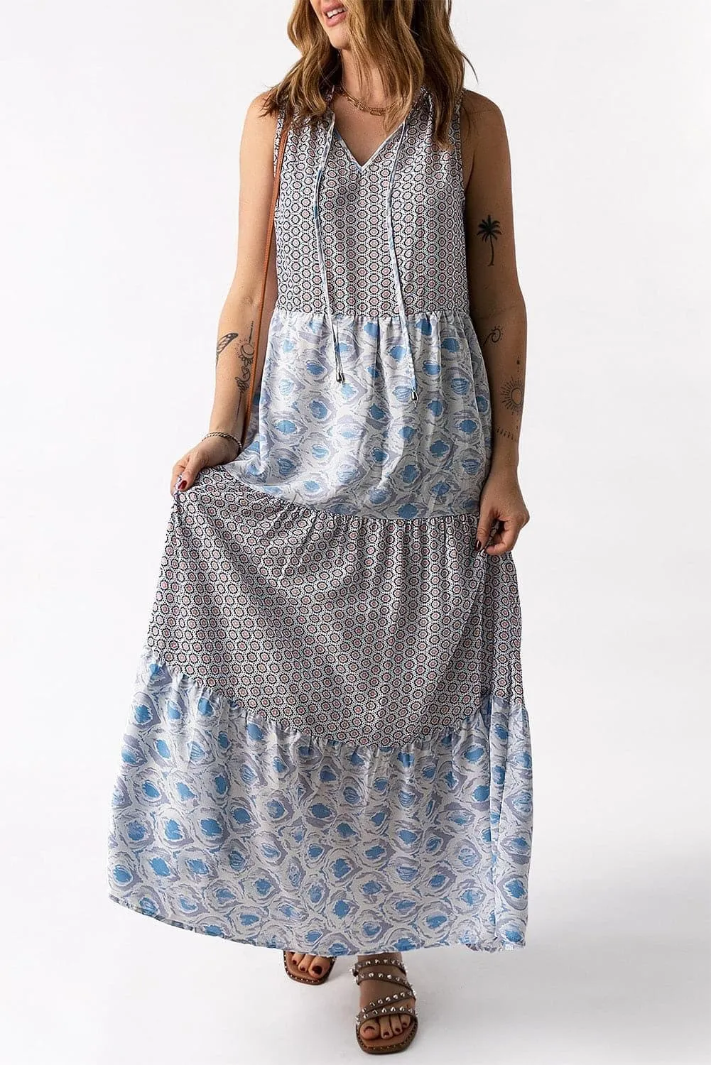 Mixed Print Tie-Neck Sleeveless Maxi Dress, Multiple Colors