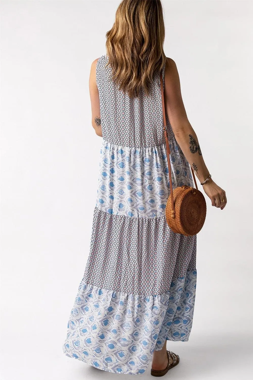 Mixed Print Tie-Neck Sleeveless Maxi Dress, Multiple Colors