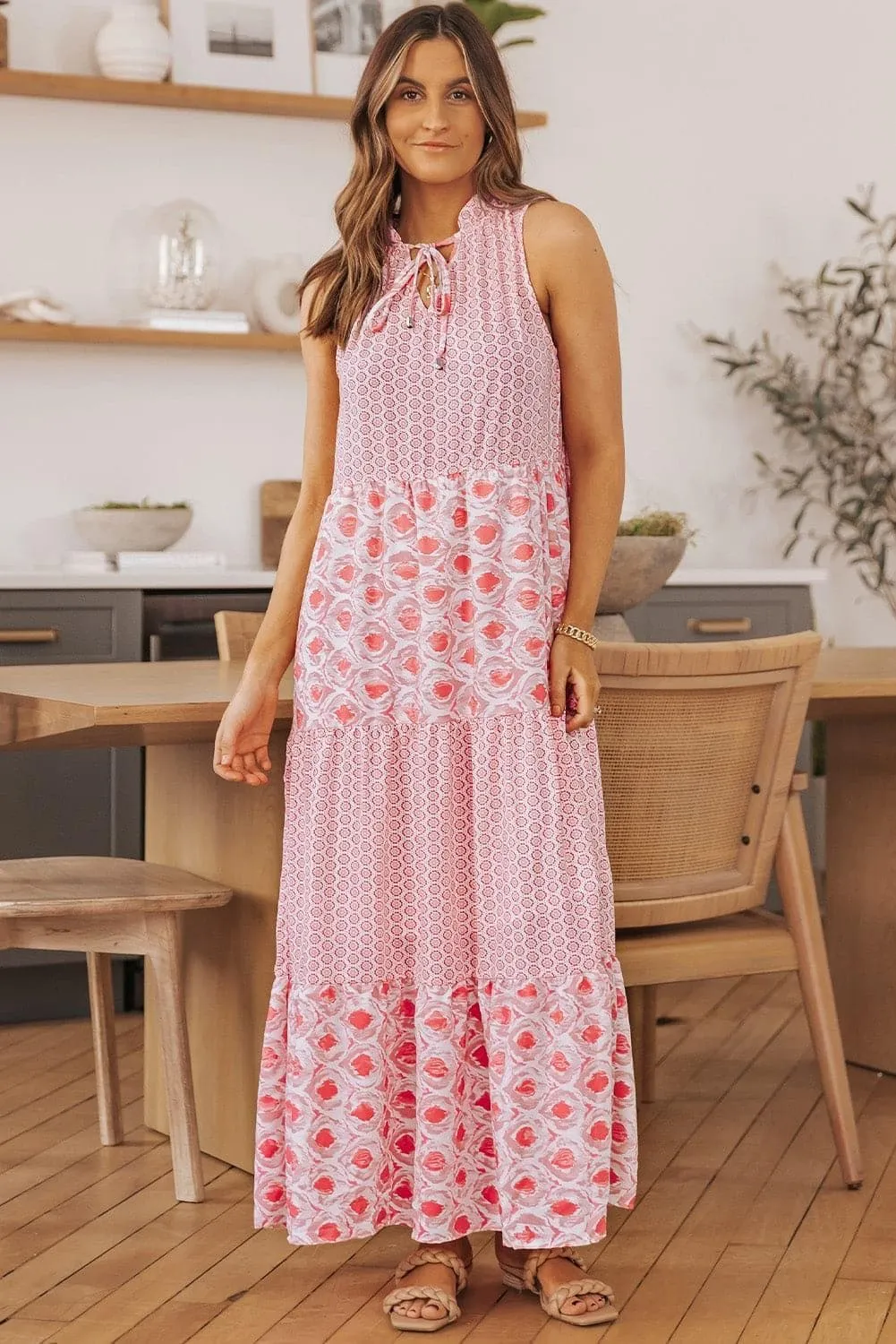 Mixed Print Tie-Neck Sleeveless Maxi Dress, Multiple Colors