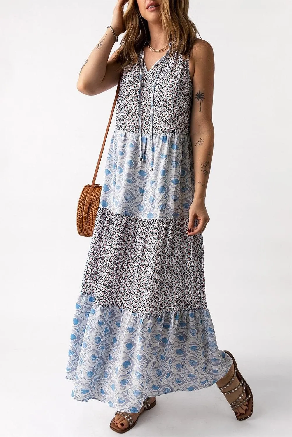 Mixed Print Tie-Neck Sleeveless Maxi Dress, Multiple Colors