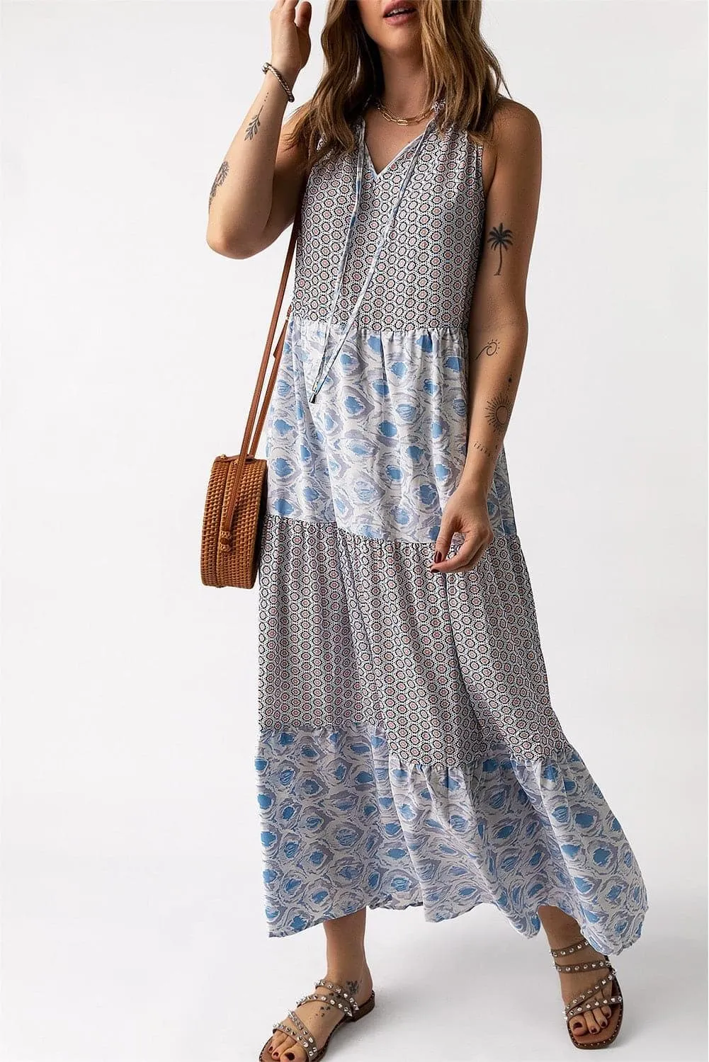 Mixed Print Tie-Neck Sleeveless Maxi Dress, Multiple Colors