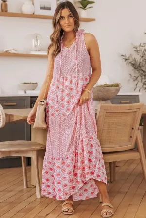 Mixed Print Tie-Neck Sleeveless Maxi Dress, Multiple Colors