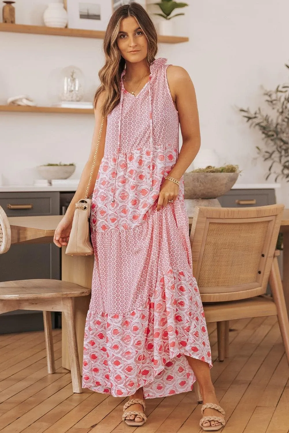 Mixed Print Tie-Neck Sleeveless Maxi Dress, Multiple Colors