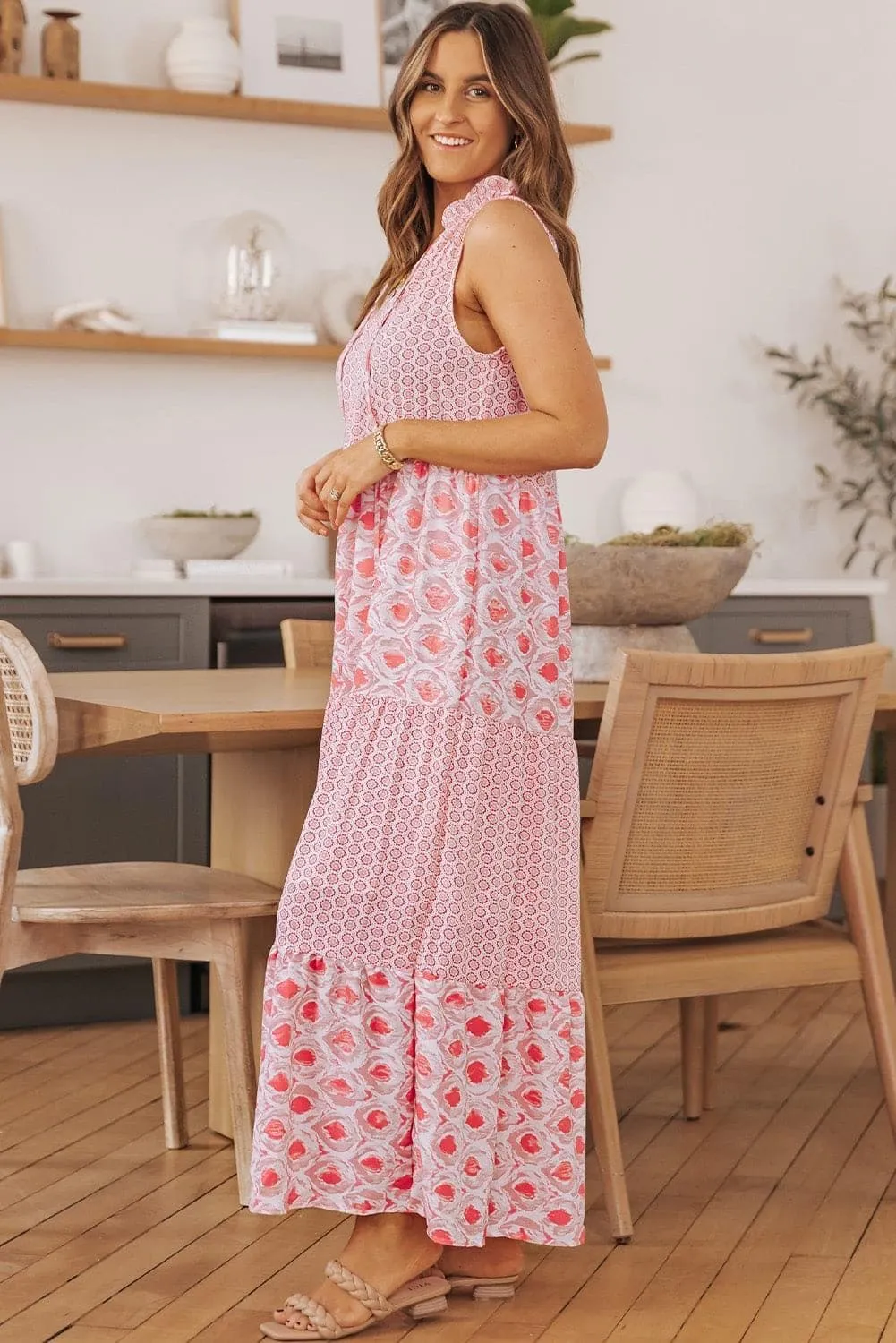 Mixed Print Tie-Neck Sleeveless Maxi Dress, Multiple Colors