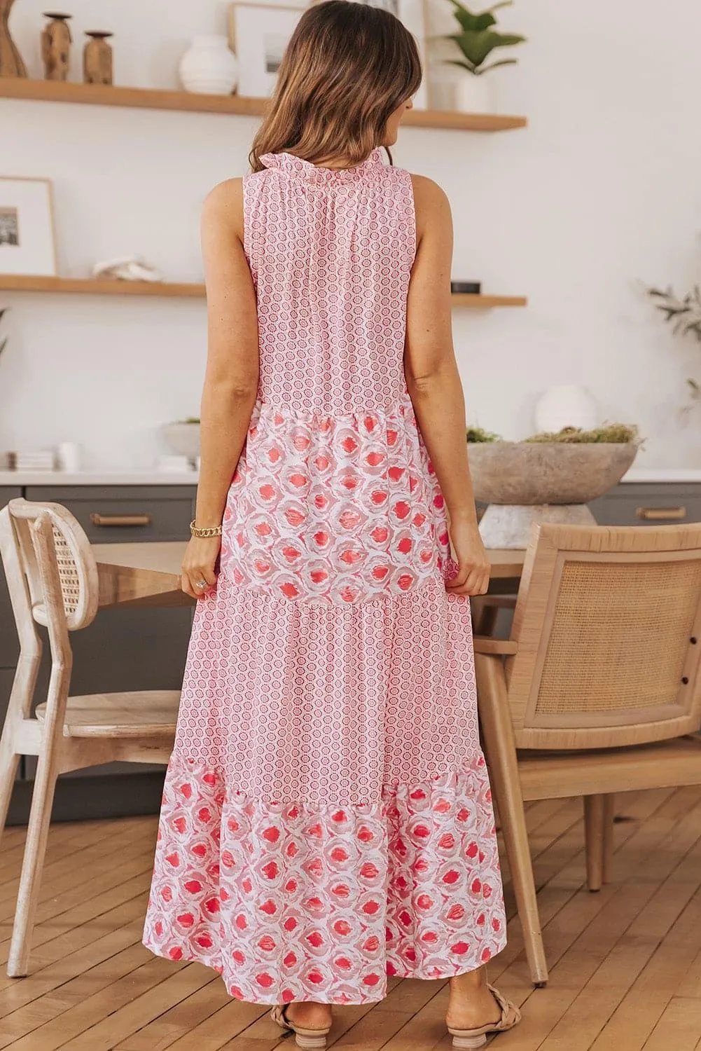 Mixed Print Tie-Neck Sleeveless Maxi Dress, Multiple Colors