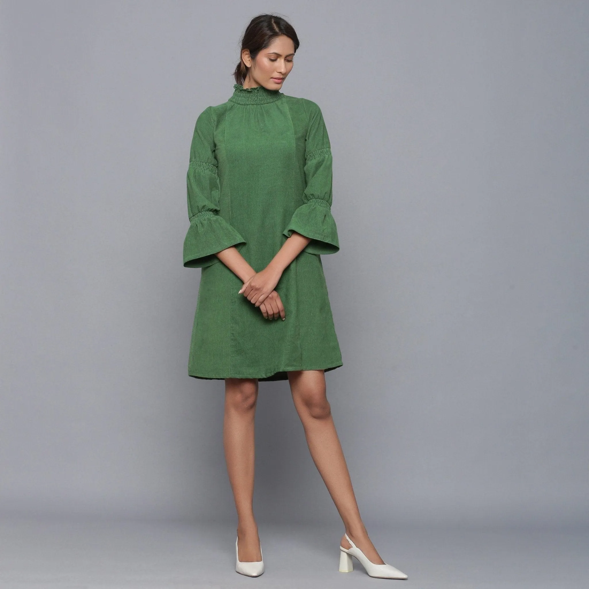 Moss Green Warm Cotton Corduroy High Neck Short Dress