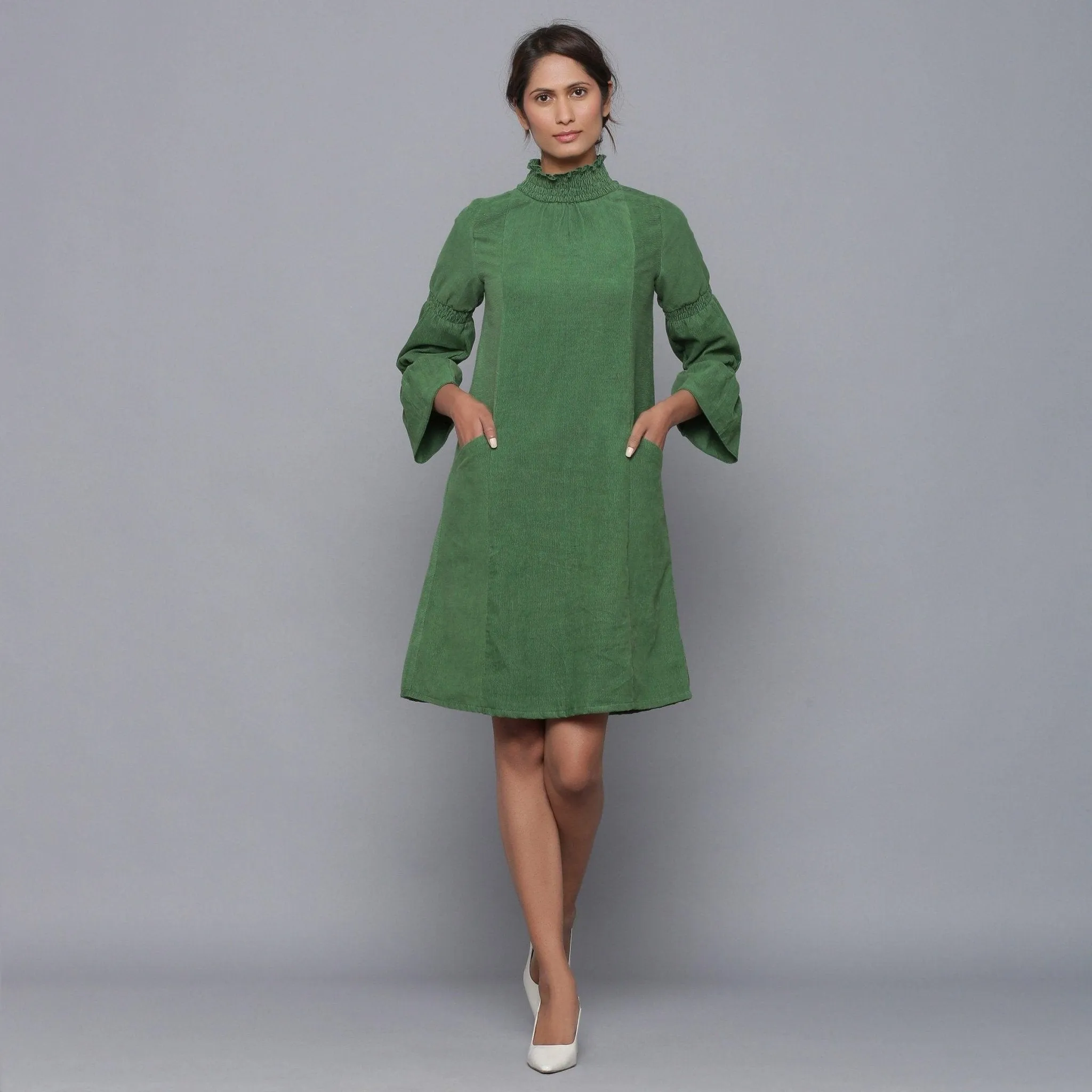 Moss Green Warm Cotton Corduroy High Neck Short Dress