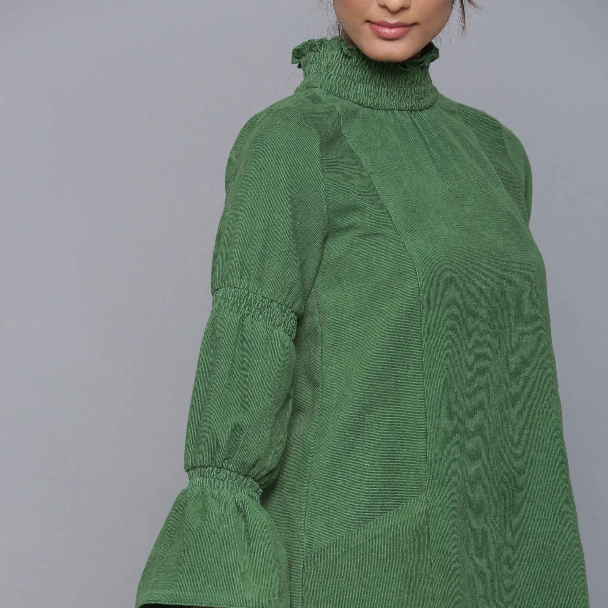 Moss Green Warm Cotton Corduroy High Neck Short Dress