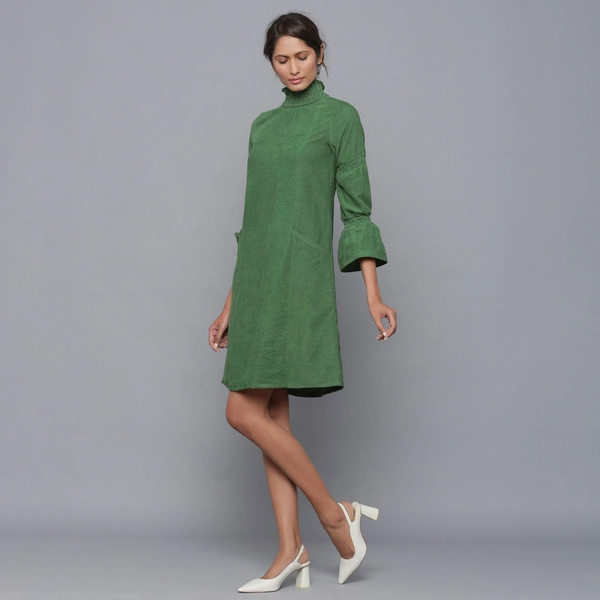 Moss Green Warm Cotton Corduroy High Neck Short Dress