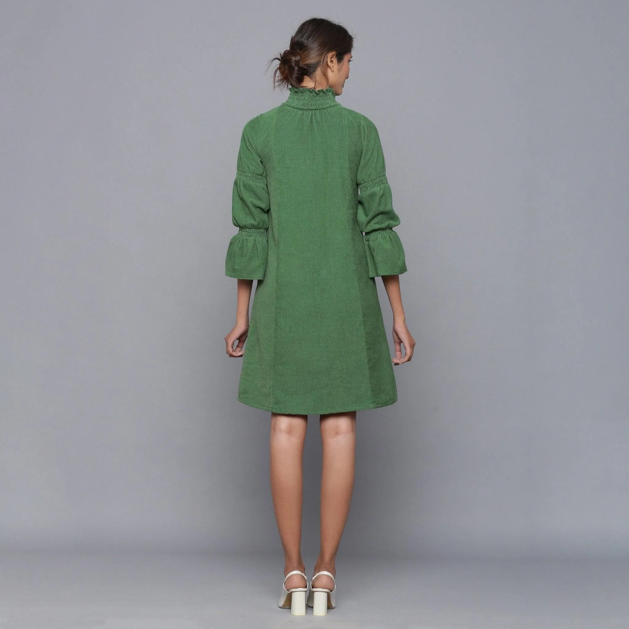 Moss Green Warm Cotton Corduroy High Neck Short Dress