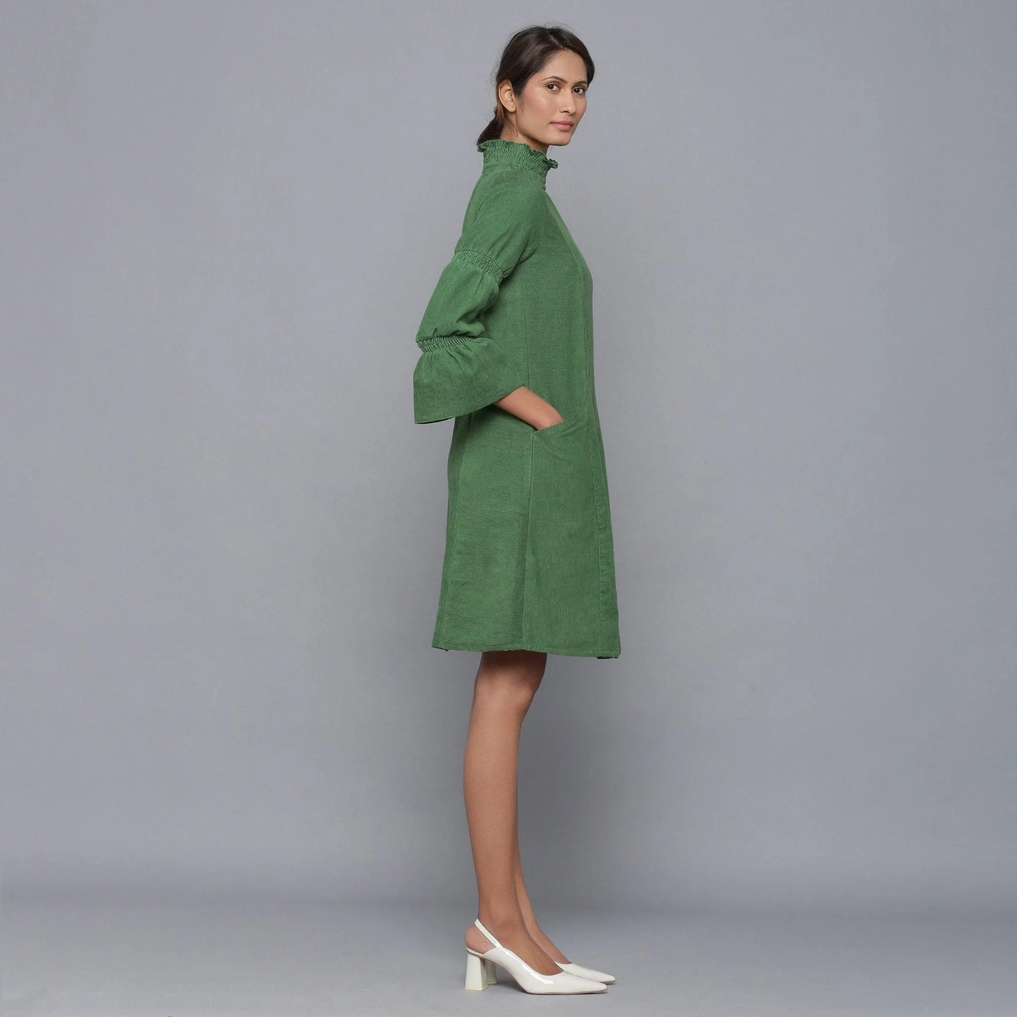 Moss Green Warm Cotton Corduroy High Neck Short Dress