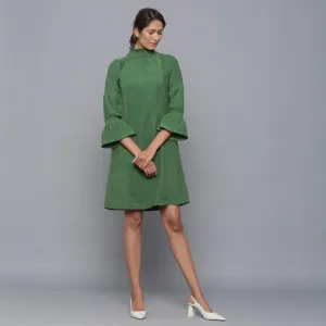 Moss Green Warm Cotton Corduroy High Neck Short Dress
