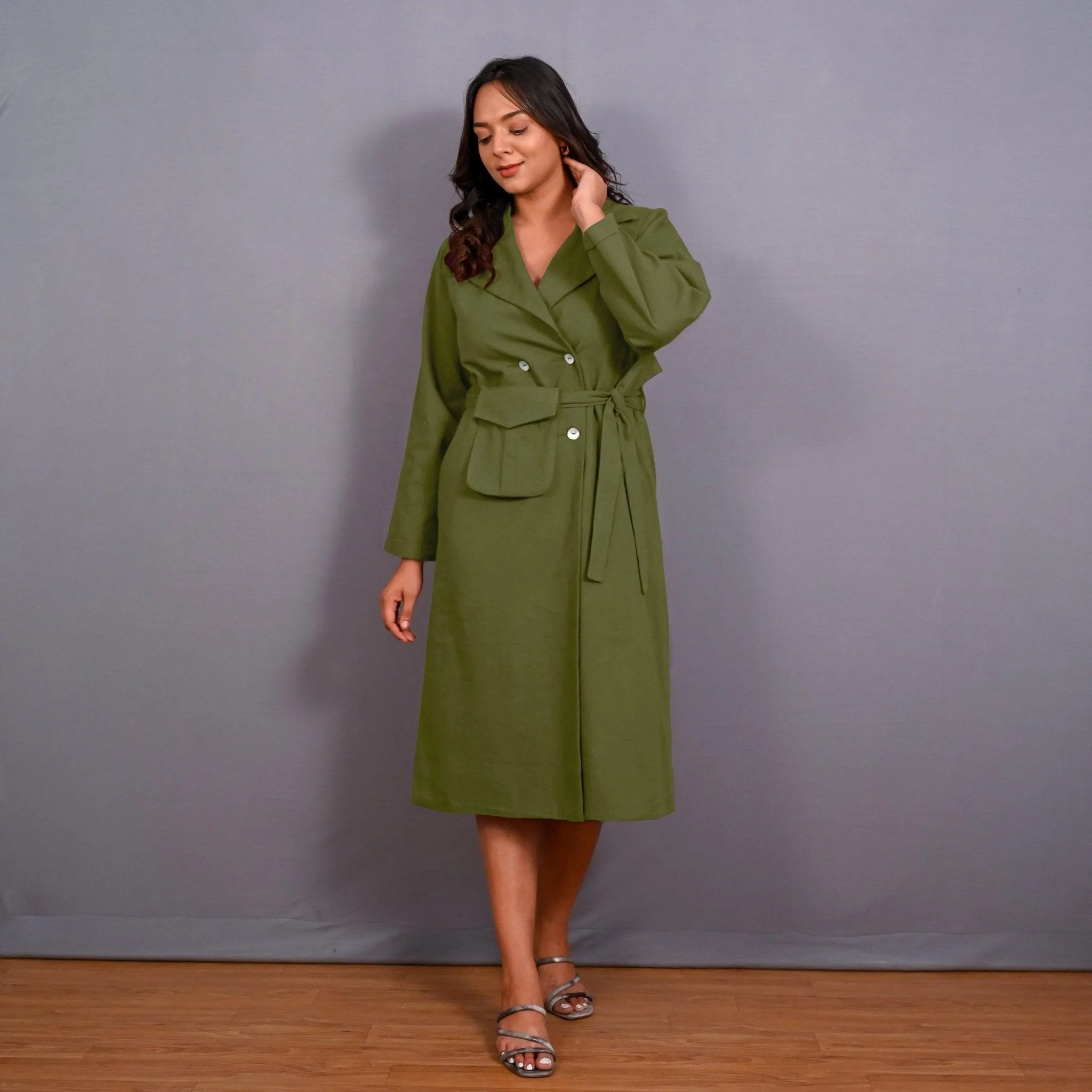 Olive Green Warm Cotton Flannel Midi Blazer Dress