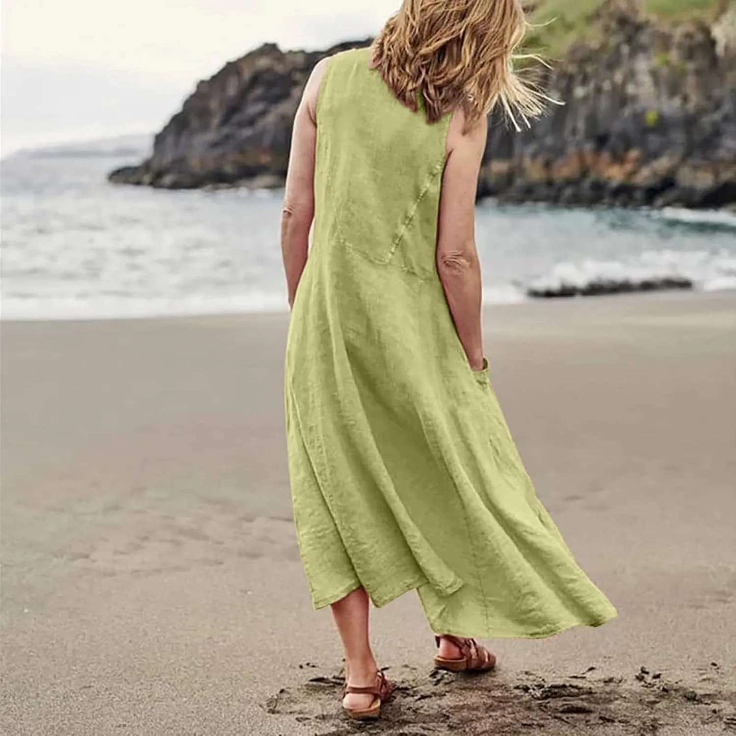 Plus Size Sun Dresses for Curvy Women Linen Dress Sleeveless Cotton Linen Sundress Pocket