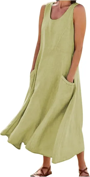 Plus Size Sun Dresses for Curvy Women Linen Dress Sleeveless Cotton Linen Sundress Pocket
