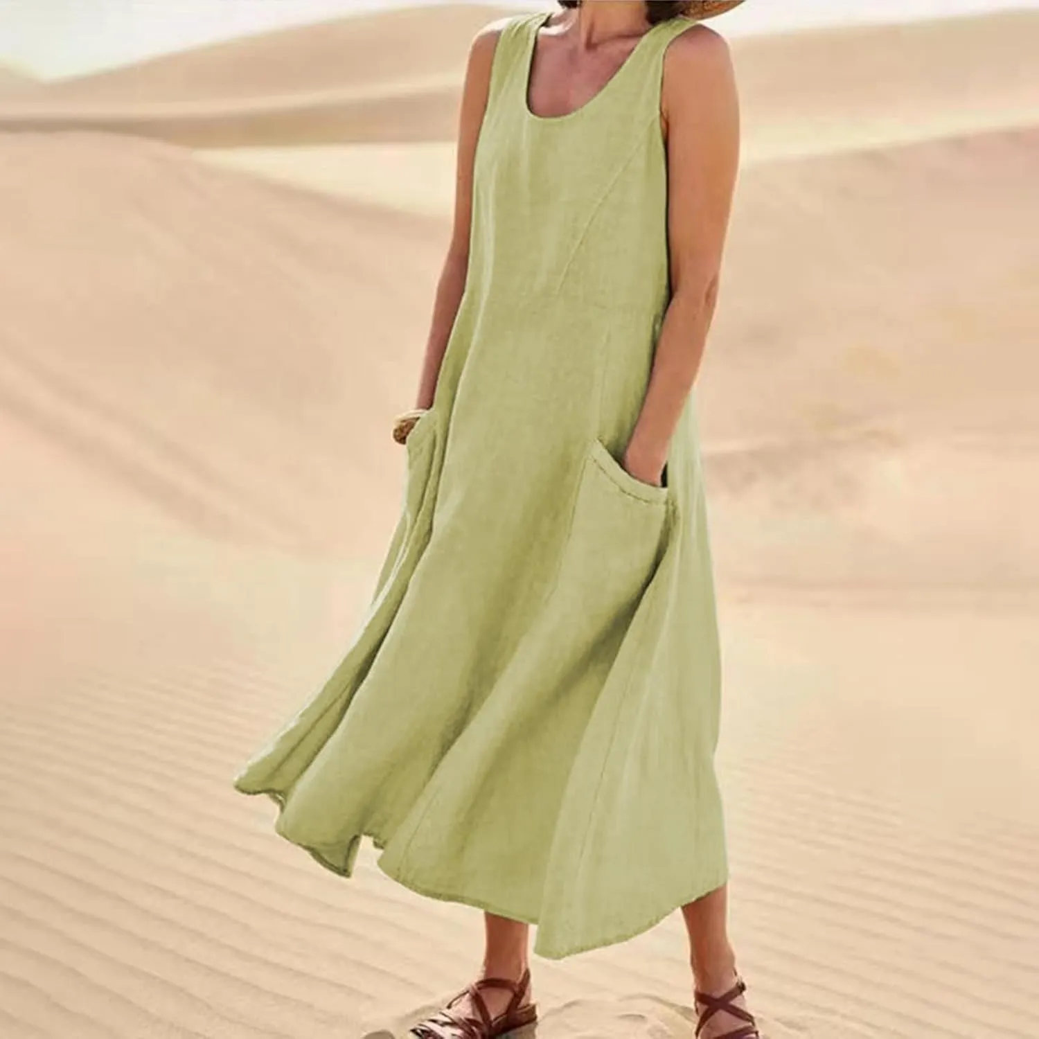 Plus Size Sun Dresses for Curvy Women Linen Dress Sleeveless Cotton Linen Sundress Pocket