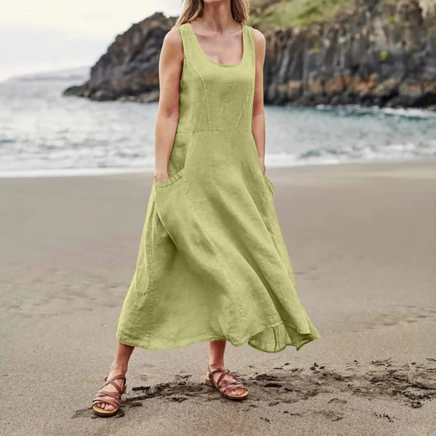 Plus Size Sun Dresses for Curvy Women Linen Dress Sleeveless Cotton Linen Sundress Pocket