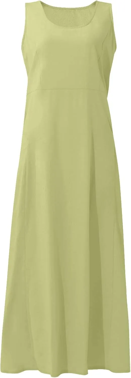 Plus Size Sun Dresses for Curvy Women Linen Dress Sleeveless Cotton Linen Sundress Pocket