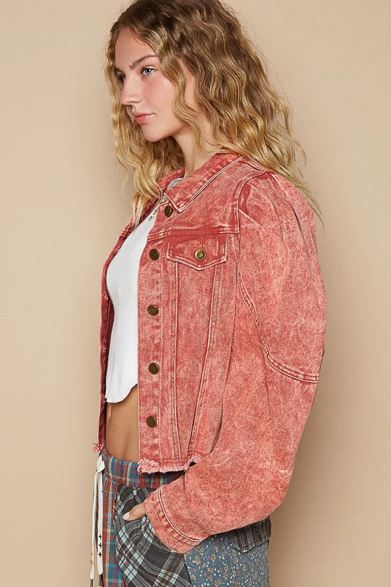POL Brick Red Washed Raw Hem Button Up Cropped Denim Jacket
