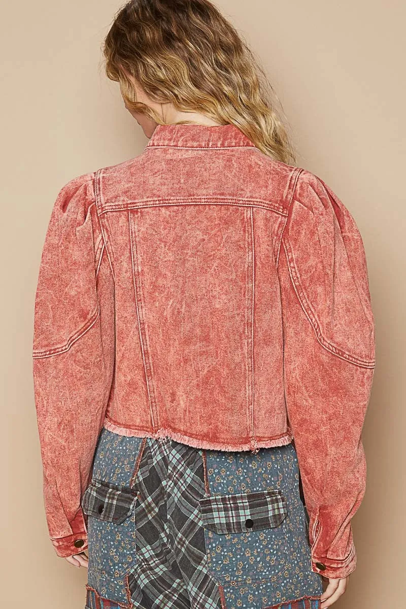 POL Brick Red Washed Raw Hem Button Up Cropped Denim Jacket