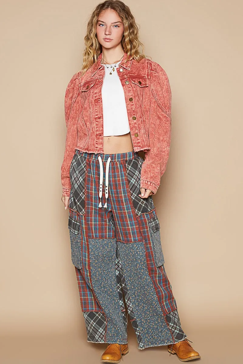 POL Brick Red Washed Raw Hem Button Up Cropped Denim Jacket