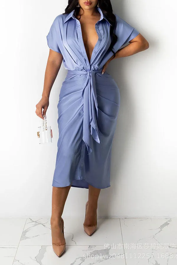 Pretty Ruffle Midi Shirt Dress With Belt