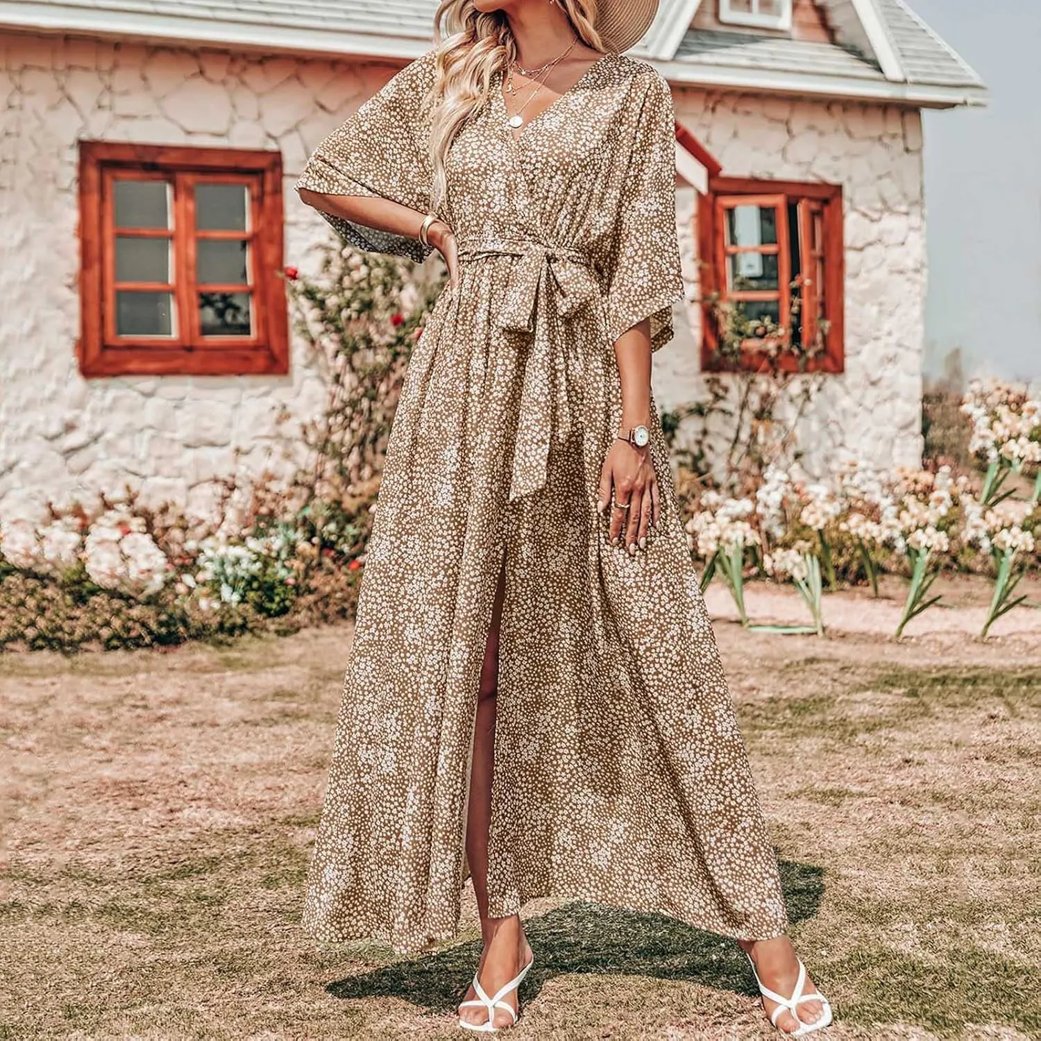 Short Sleeve Maxi Dress for Women Summer Boho Floral Dress Elegant Flowy Ruffle Dress with Slit Holiday Party Dress