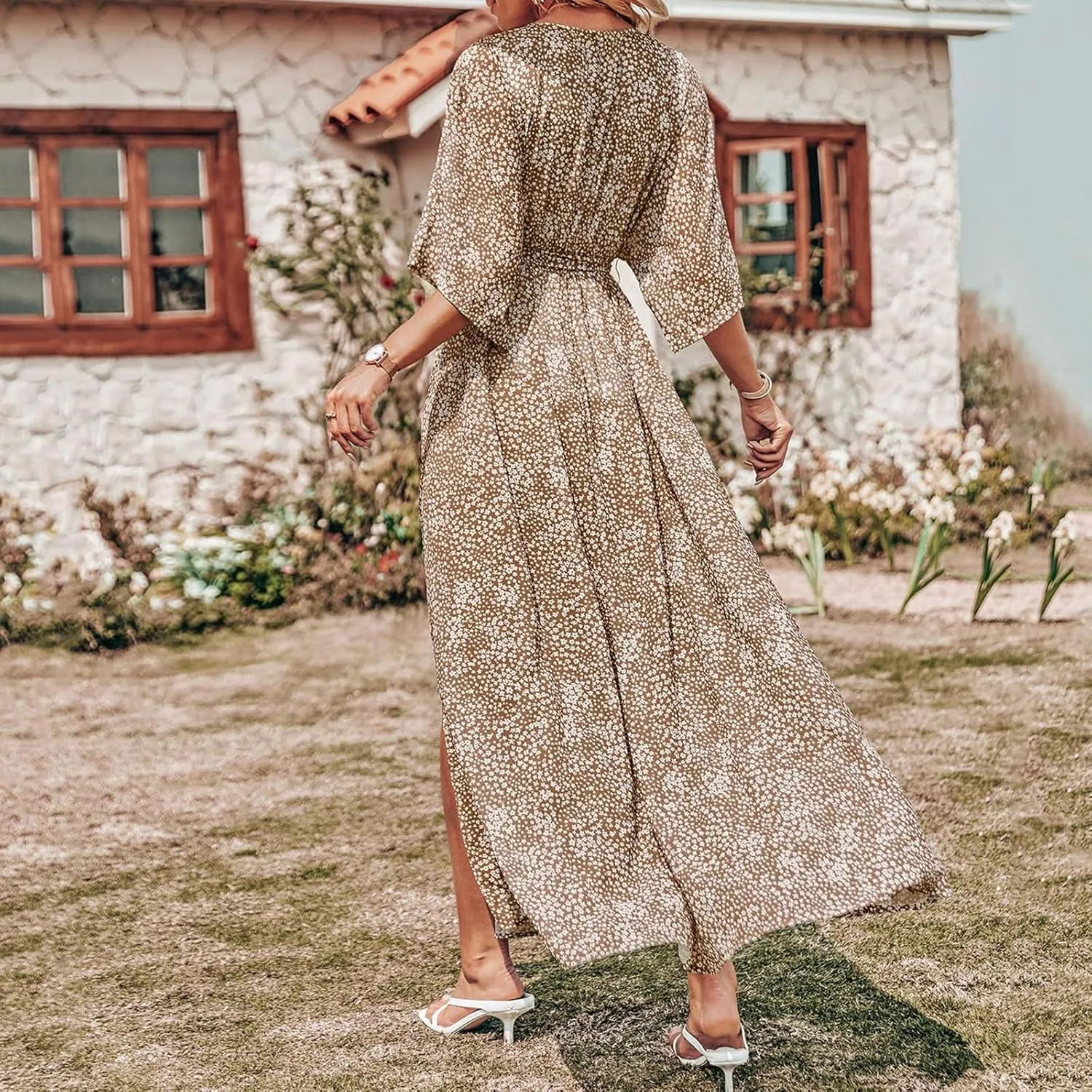 Short Sleeve Maxi Dress for Women Summer Boho Floral Dress Elegant Flowy Ruffle Dress with Slit Holiday Party Dress