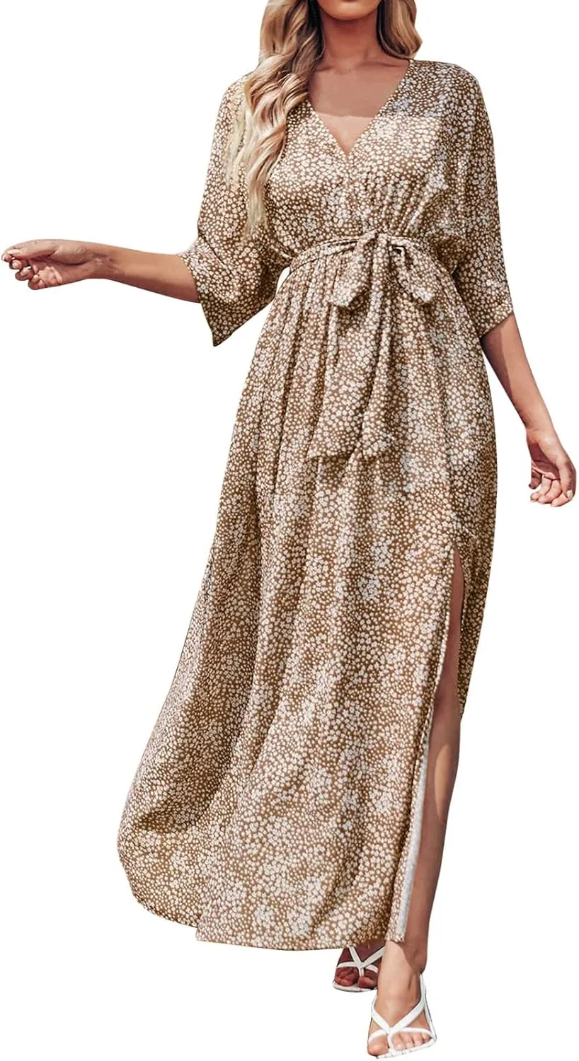Short Sleeve Maxi Dress for Women Summer Boho Floral Dress Elegant Flowy Ruffle Dress with Slit Holiday Party Dress