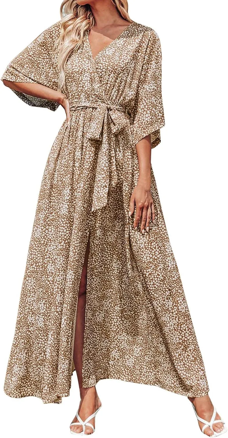 Short Sleeve Maxi Dress for Women Summer Boho Floral Dress Elegant Flowy Ruffle Dress with Slit Holiday Party Dress