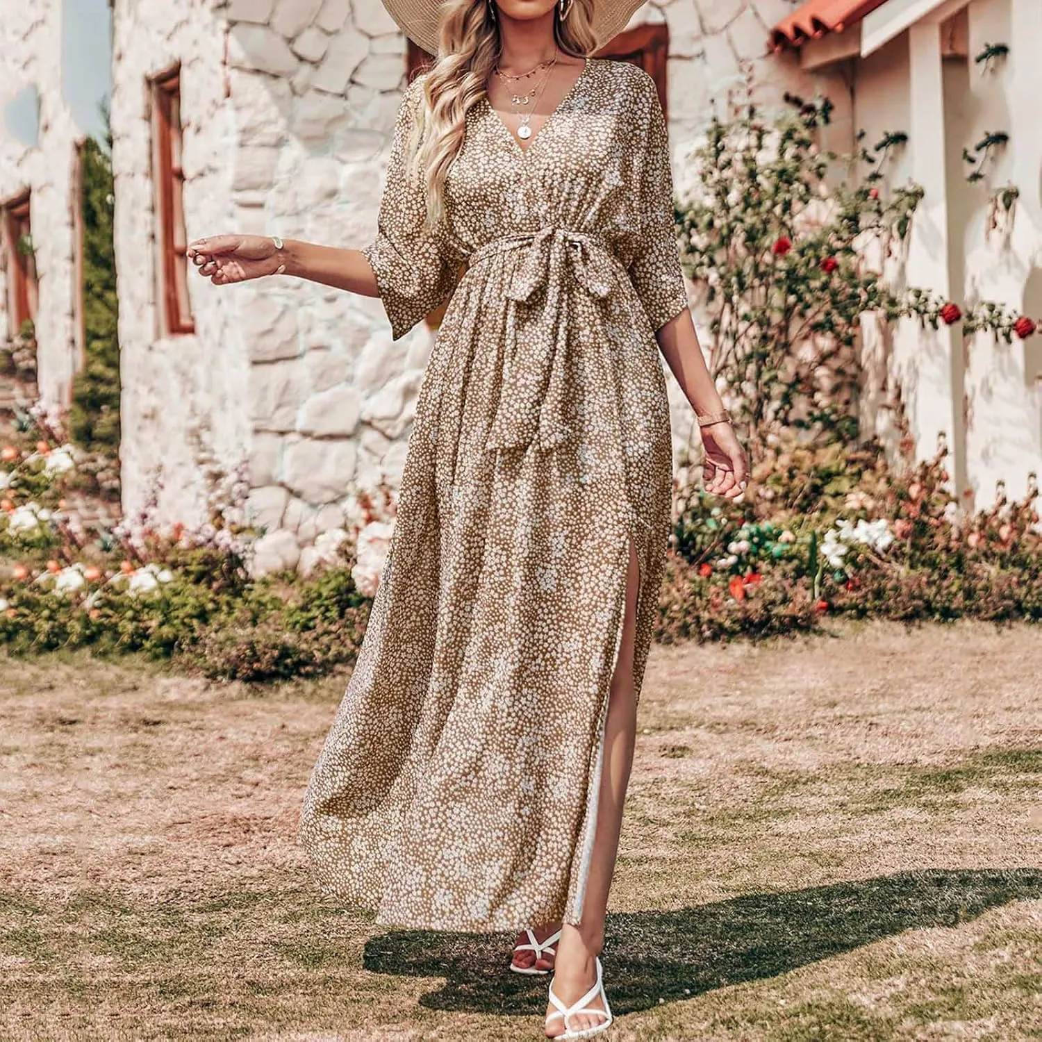 Short Sleeve Maxi Dress for Women Summer Boho Floral Dress Elegant Flowy Ruffle Dress with Slit Holiday Party Dress