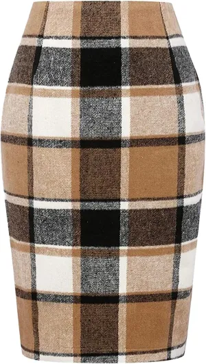 Skirt for Women Pencil Plaid Skirts Fall Winter High Waisted Bodycon Knee Length Wool Midi Skirt